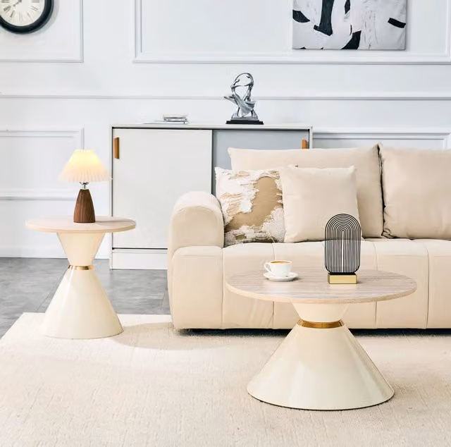 Set di 2 tavolini da salotto con piano in melamina effetto pietra e struttura in metallo crema