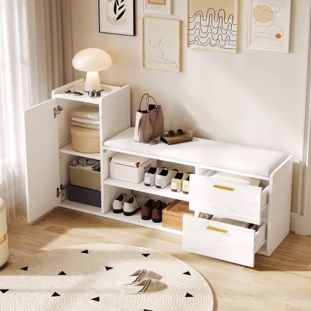 Scarpiera con panca imbottita Mivray bianca con 2 cassetti e ripiani regolabili L: 128 cm, P: 30 cm, H: 68 cm