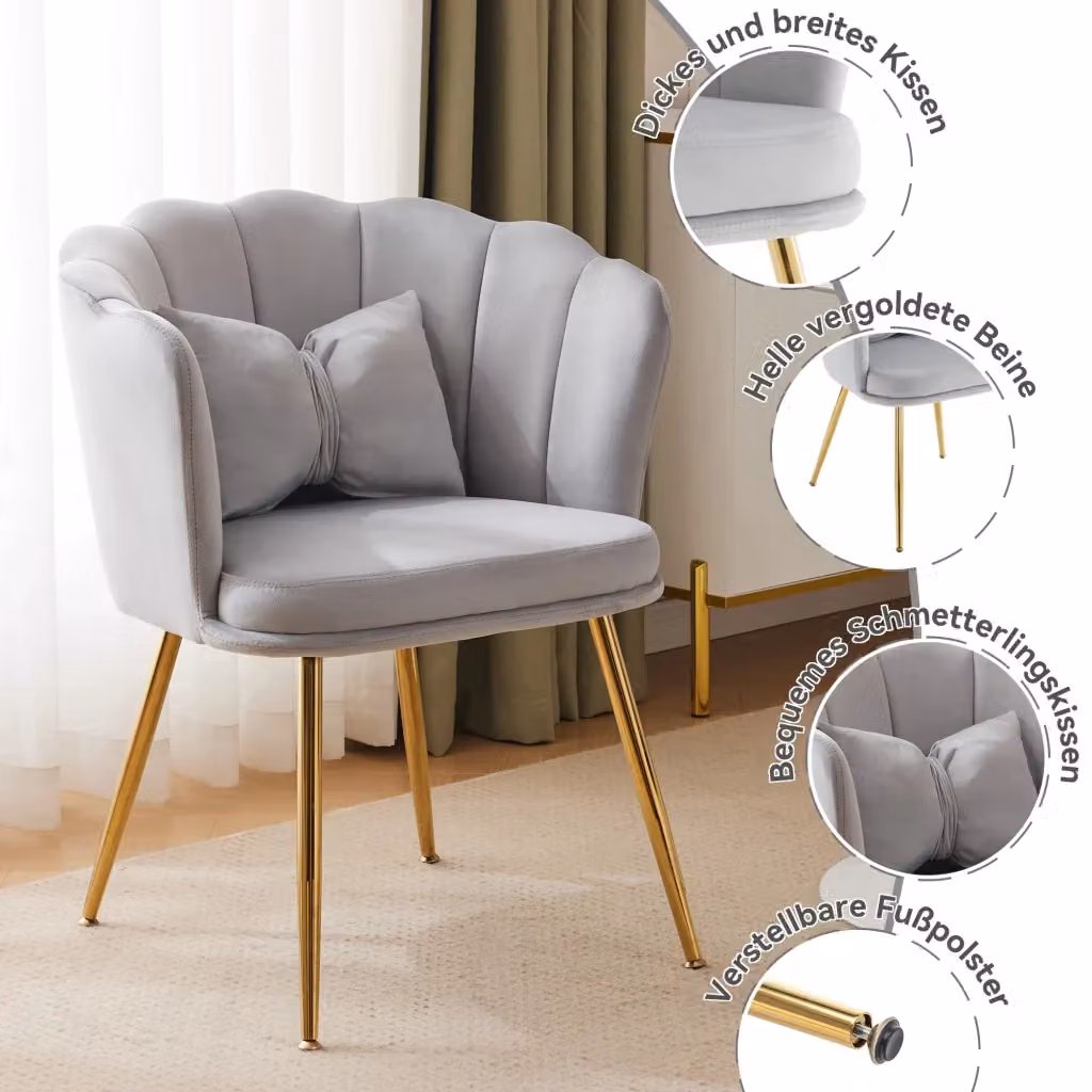 Sedia imbottita in velluto grigio con schienale a petalo e gambe in metallo dorato MIVRAY – 2
