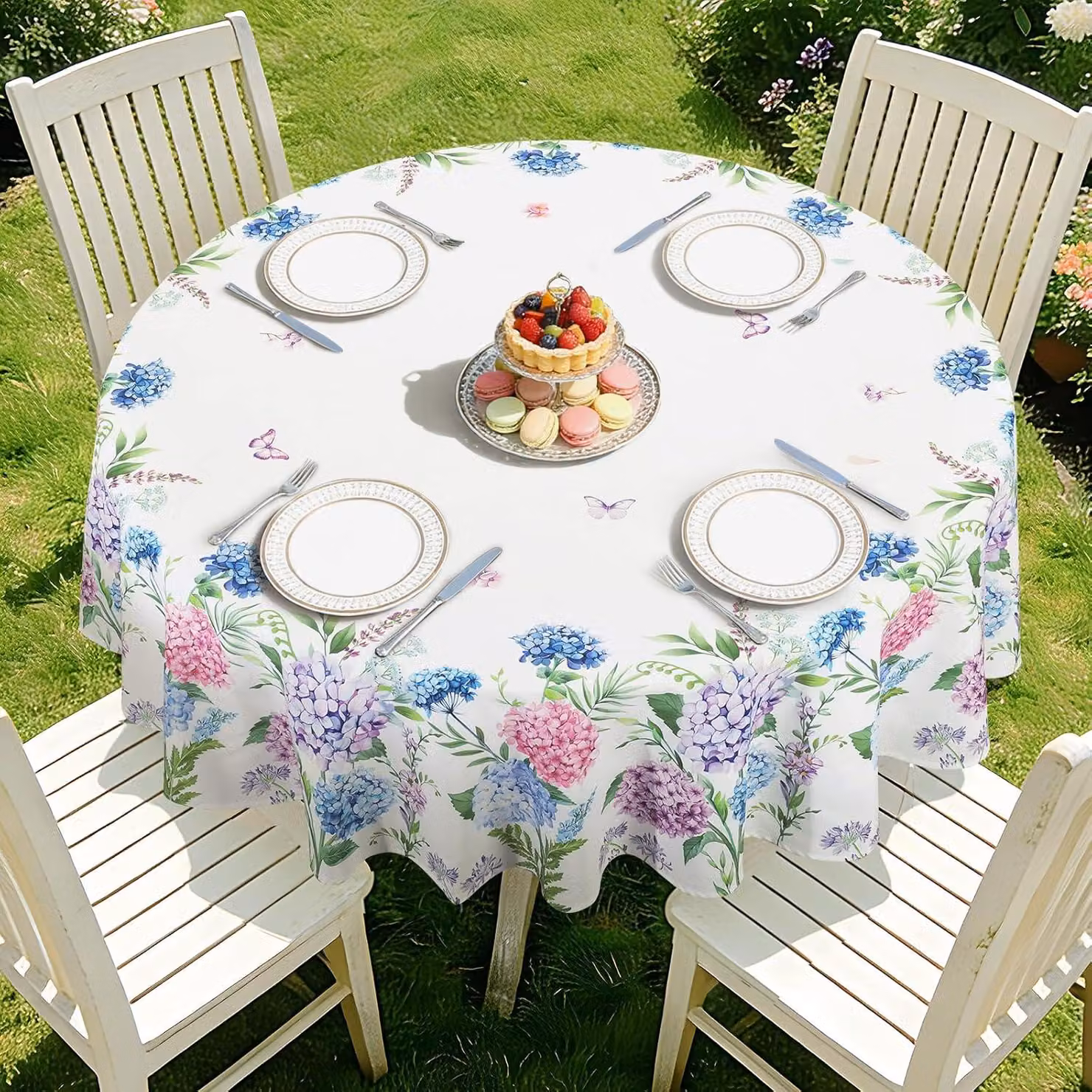 Tovaglia rotonda con motivo di ortensie, fiori e farfalle, diametro 152 cm, lavabile, ideale per la cucina e per il picnic