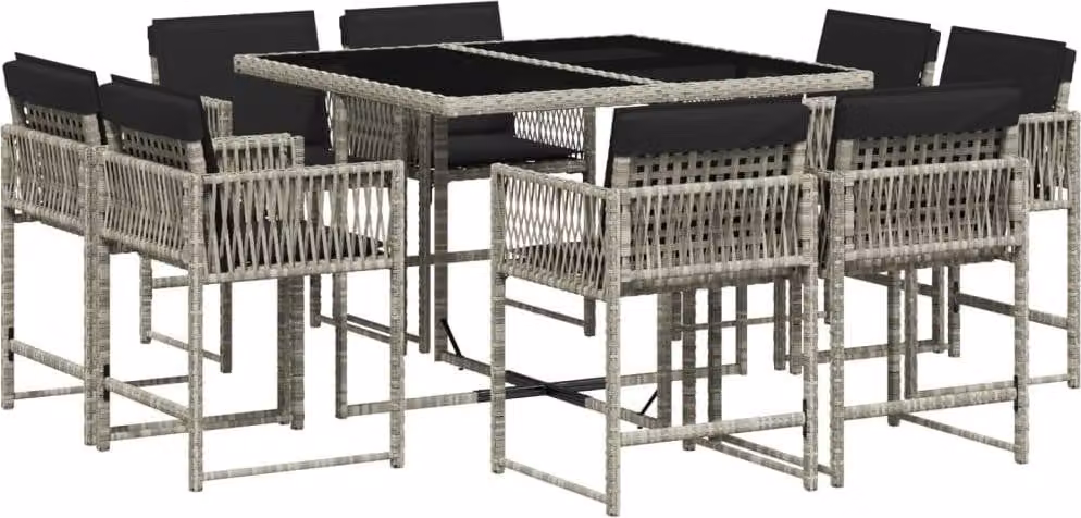 Set Pranzo da Giardino 9pz con Cuscini Grigio Chiaro Polyrattan