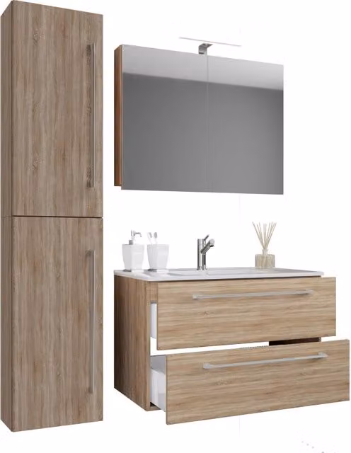 Set completo bagno Ezooza 4 pezzi in Rovere con mobile sospeso a 2 cassetti, lavabo XL in ceramica, colonna e mobile specchio con illuminazione LED
