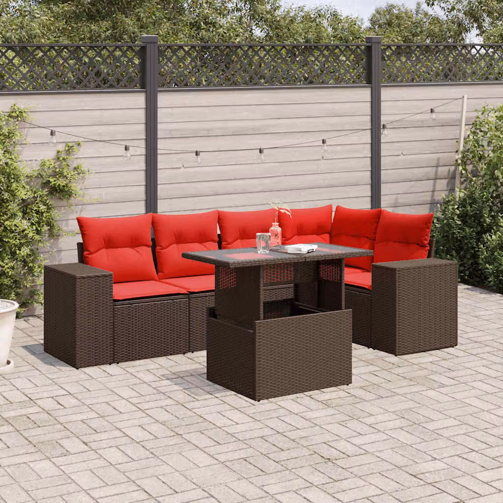 Set di divani da giardino vidaXL in polyrattan marrone con cuscini e tavolino da esterno a forma di L