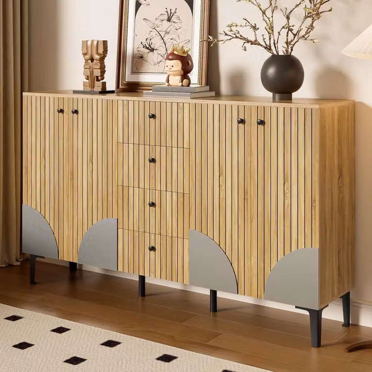 Armadio in legno con 4 ante e 4 cassetti, mobile contenitore multifunzione, dimensioni 160x36x94 cm, finitura in legno