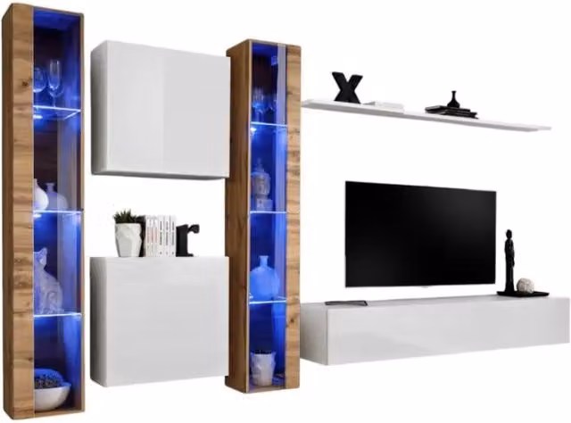 Composizione murale SWITCH XVI Meublorama con mobile TV, vetrine LED e scaffali, Bianco lucido e Quercia Wotan, L: 330 cm, H: 180 cm, P: 40 cm