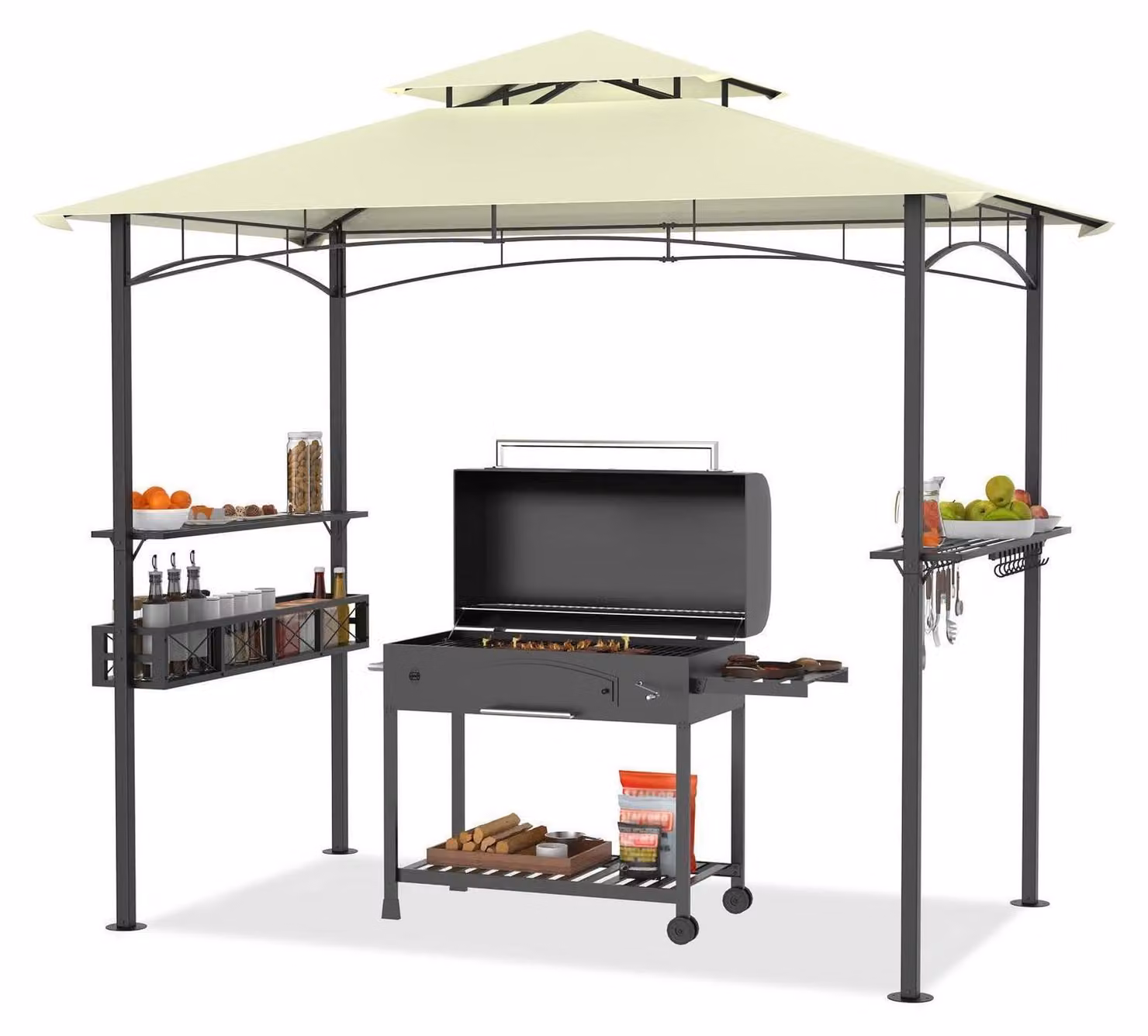 Gazebo per barbecue con tetto a doppio strato, dimensioni 245x153x250 cm. Impermeabile, ignifugo, colore beige. Include un cesto portaoggetti