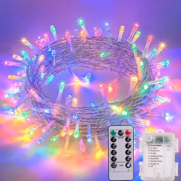 Catena luminosa da 20 metri, alimentata a batteria, con telecomando, grado di protezione IP65, timer e 8 modalità