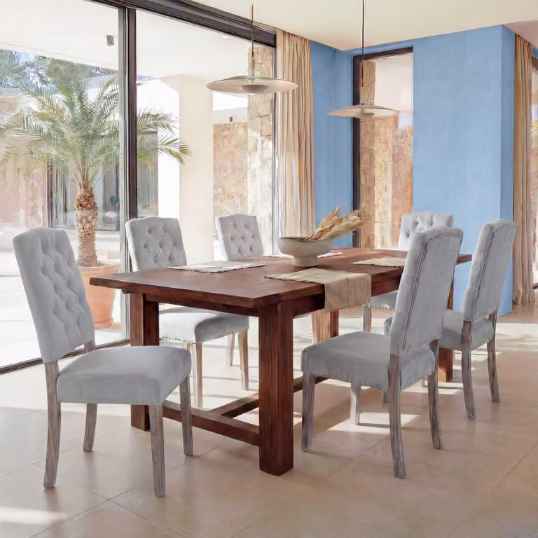 set di 6 sedie da pranzo HWC-O66b, sedia da cucina imbottita, tessuto/tessuto con borchie Chesterfield, grigio chiaro