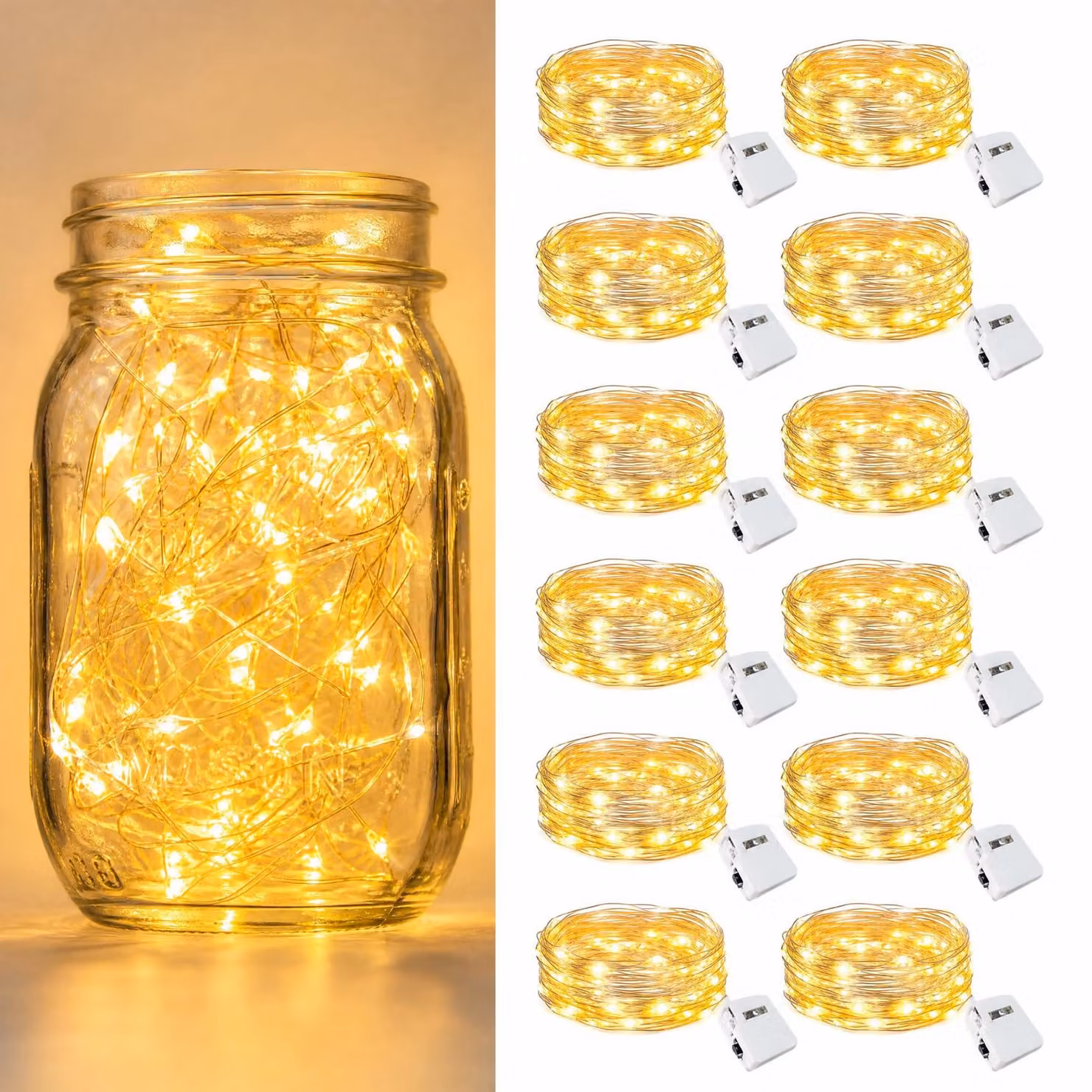 Set di 12 catene luminose a LED, lunghezza 2 metri, 20 LED, luce bianco caldo