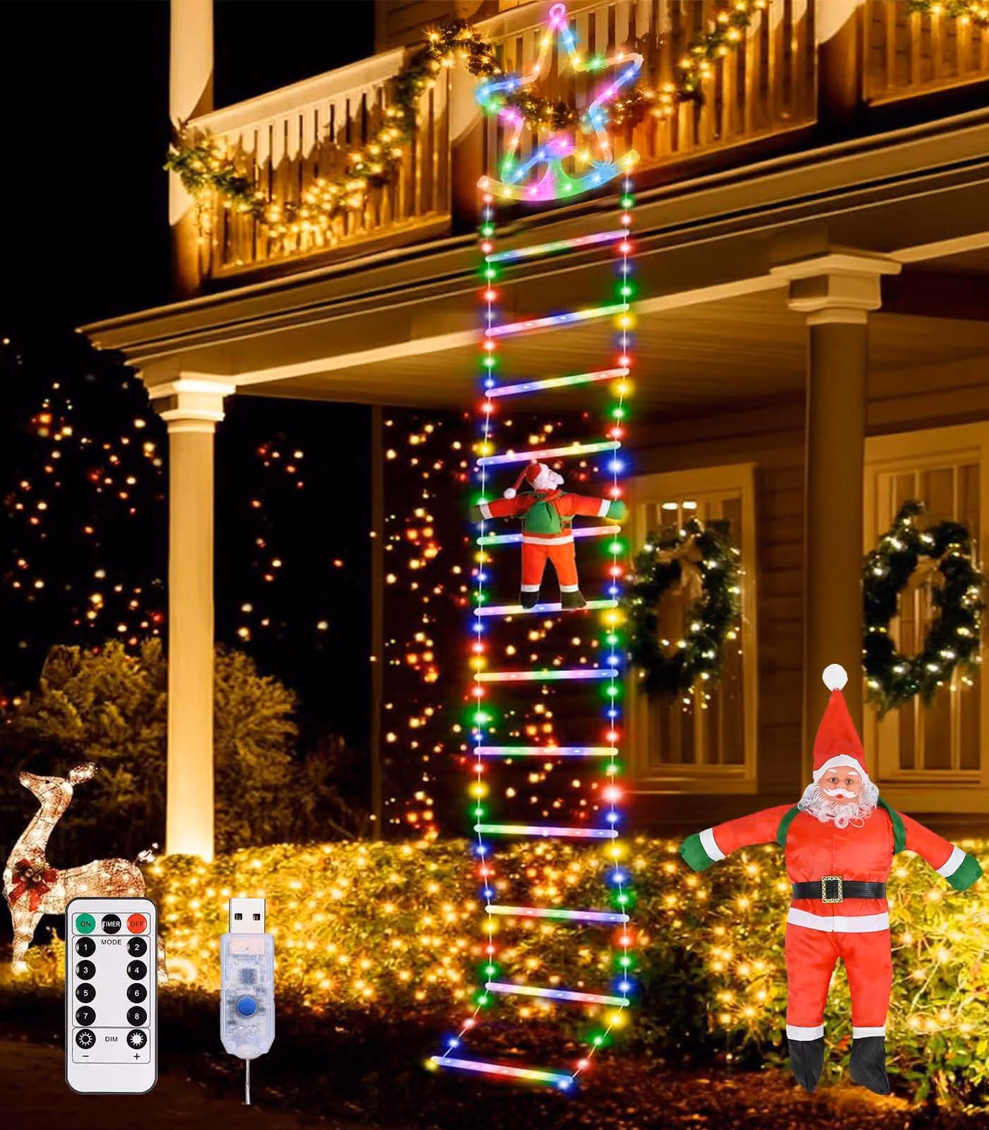 Catena luminosa a LED a forma di scala di Babbo Natale, lunghezza 3 metri, 295 LED, alimentazione USB, timer, 8 modalità
