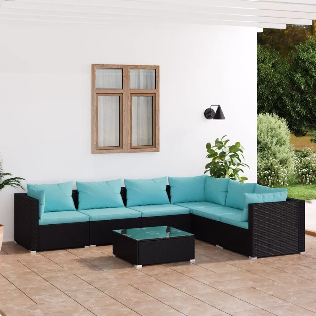 The Living Store Set da giardino 7 pezzi con cuscini in poly rattan nero