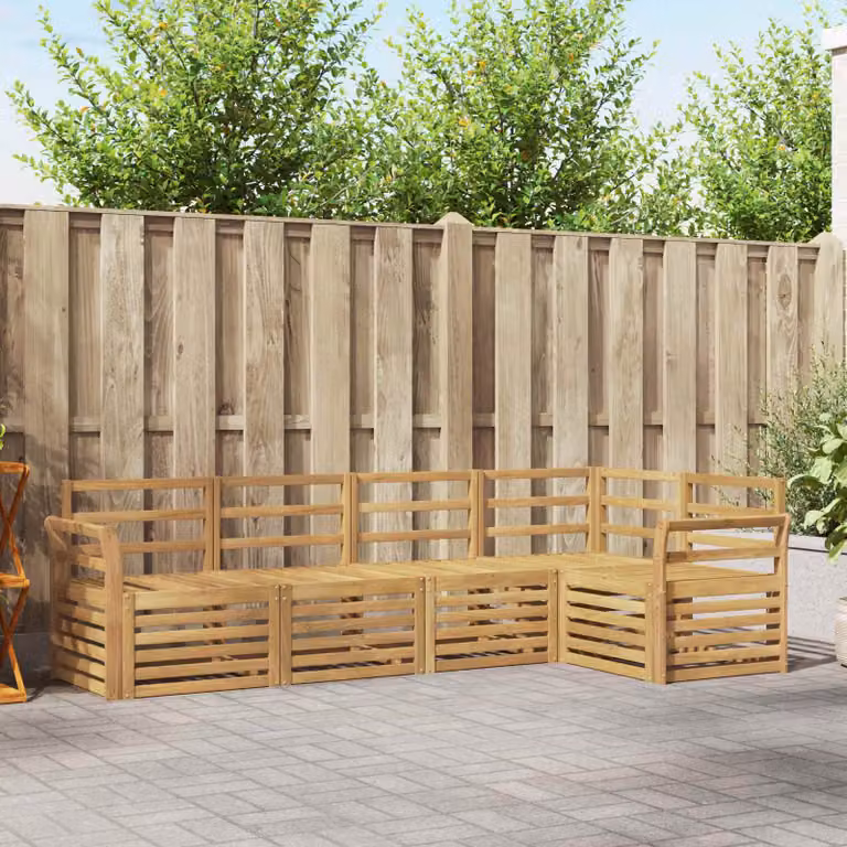 Set di divani da esterno vidaXL a forma di L composto da 5 pezzi in legno di acacia massello con cuscini bianchi e marroni