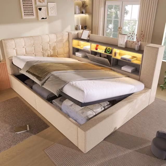 Letto contenitore con testiera a L; LED; USB e Type-C; 140x200 cm; lino beige; materasso incluso