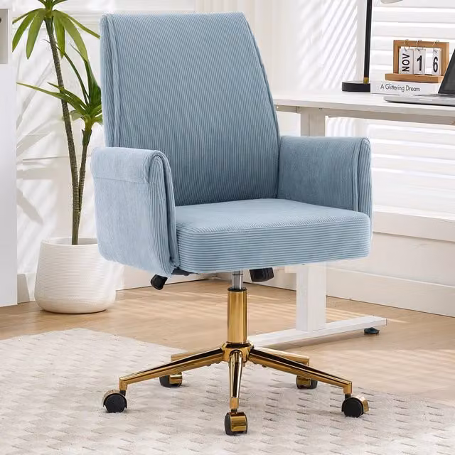 Sedia da ufficio girevole MIVRAY in velluto a coste blu con schienale ergonomico e base in metallo dorata