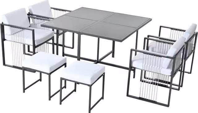 Set da pranzo da giardino GL Store per 6 persone con tavolo in vetro temperato e 7 pezzi in Nero e Bianco