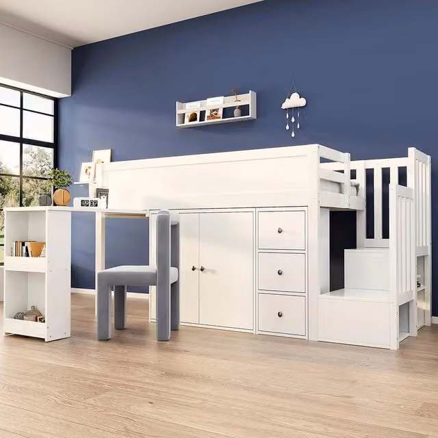 Letto a castello 90x200cm - Xylo - bianco, scrivania estraibile, armadio