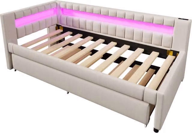 Letto giorno beige in lino 90x200 cm con luci LED a telecomando, letto estraibile senza materasso, USB e TYPE-C