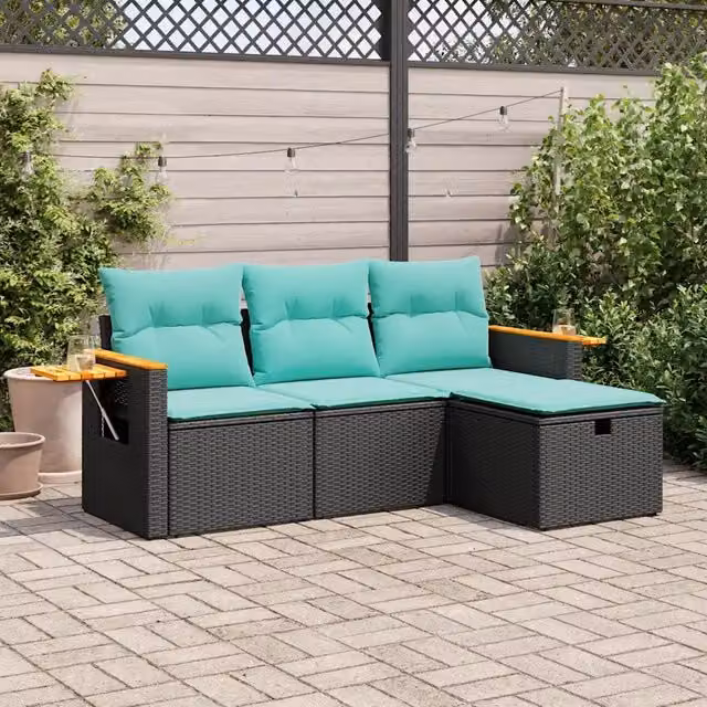 Set Divani da Giardino 4 pz con Cuscini Nero in Polyrattan 3325949