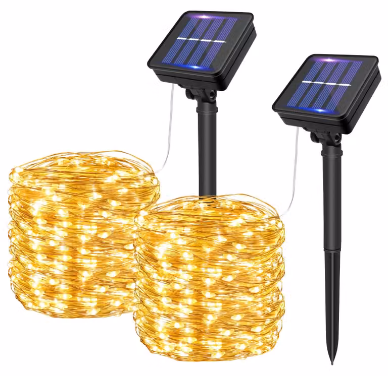 Catena luminosa solare, 2 x 15 metri, 150 LED, grado di protezione IP65, 8 modalità, luce bianca calda