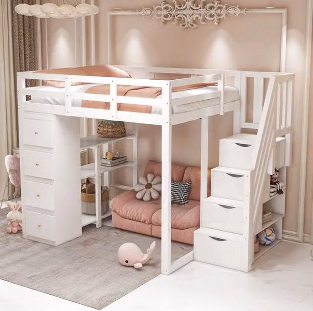 Letto a soppalco ULEVR 140x200 cm bianco con 4 cassetti, scala con cassetti e scaffale