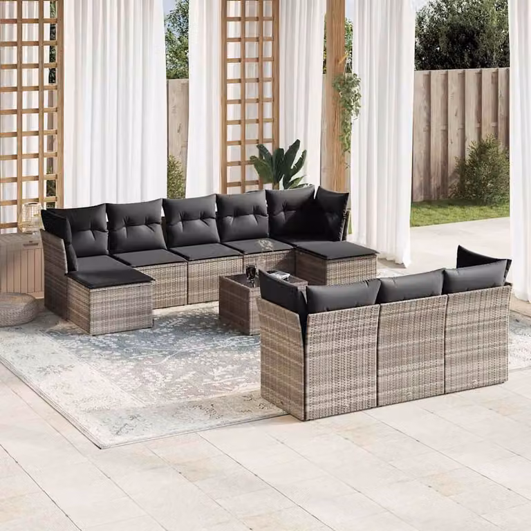 vidaXL Set Divani da Giardino 11 pz in Polyrattan Grigio con Cuscini e Tavolino