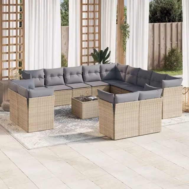 Set di Divani da Giardino VIDAXL a Forma di U in Polyrattan Beige con 14 Pezzi e Cuscini Inclusi