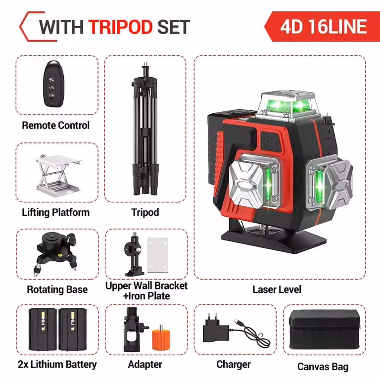 Livella laser 4D - 16 linee - Autolivellamento ±3° - Rotazione a 360° - Linee orizzontali e verticali - Raggio laser verde - Treppiede + custodia in tessuto