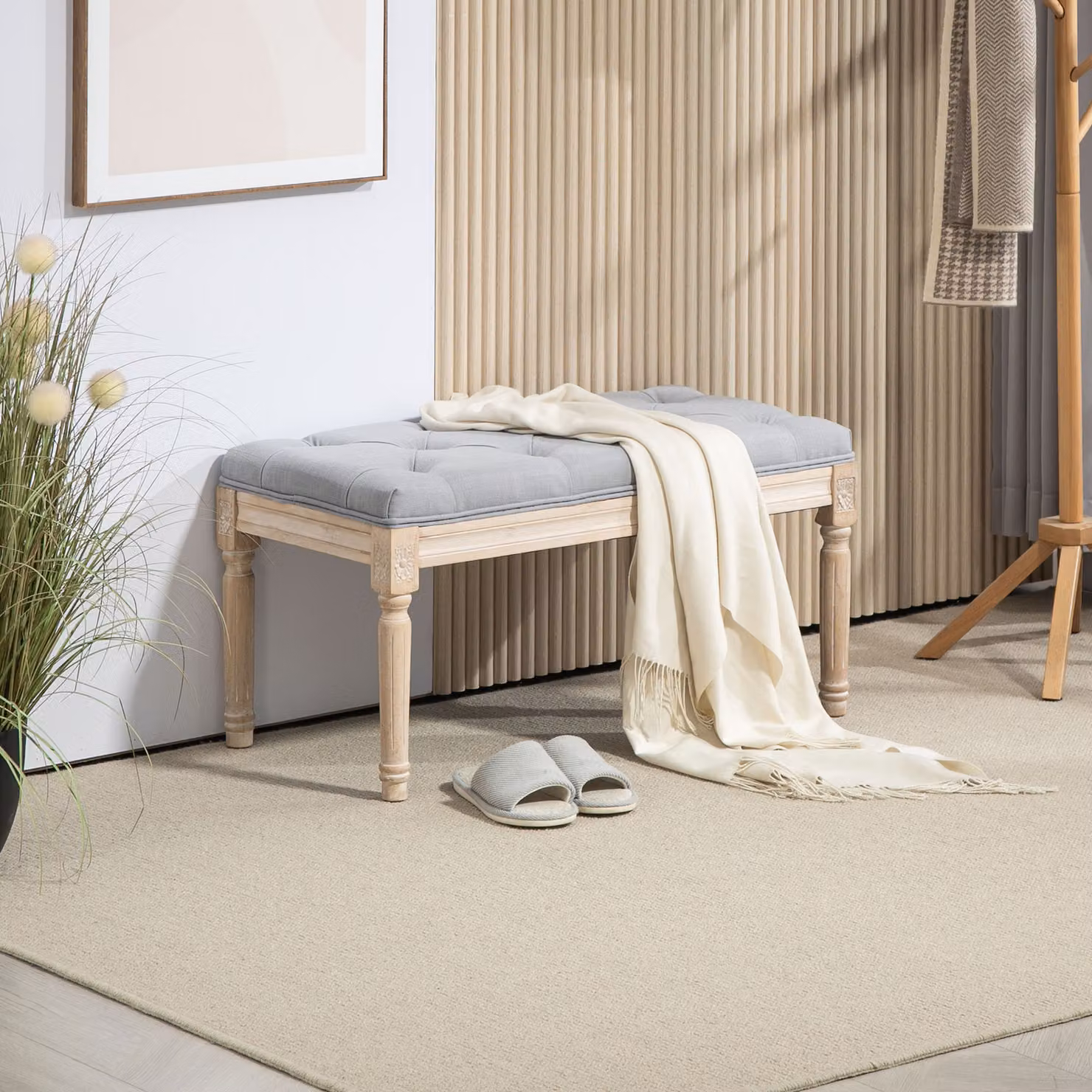 Panca HOMCOM da fondo letto in lino sintetico con seduta imbottita e gambe in legno, stile vintage, Grigio Chiaro – 2