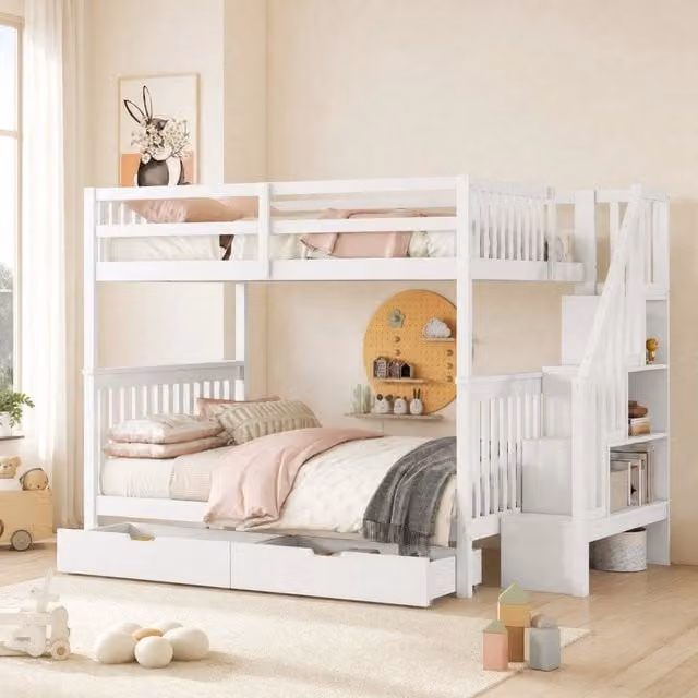 Letto a castello 140x200 cm bianco con scala contenitore e 2 cassetti