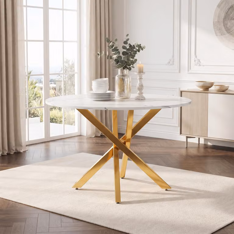 Tavolo da pranzo rotondo in stile "Flieks" con gambe dorate, tavolo da cucina con piano in marmo, tavolino da caffè/tavolino per il tempo libero per 2-4 persone, dimensioni 80x80x75 cm, colore oro