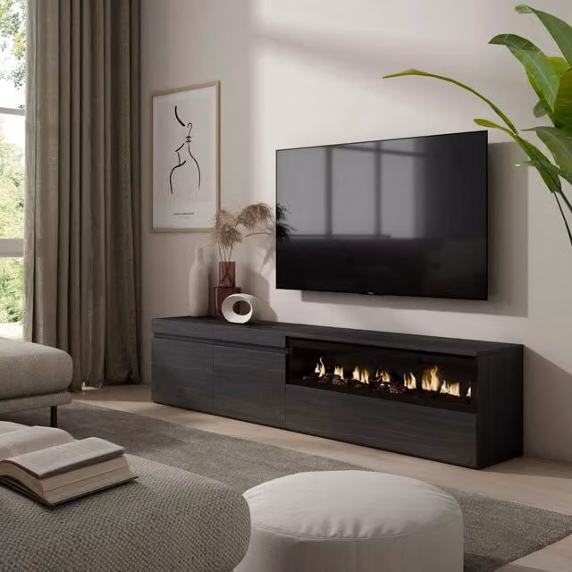 Mobile TV, 200x35x45cm, soggiorno, Per TV fino a 80", Camino elettrico, Nero RF2193