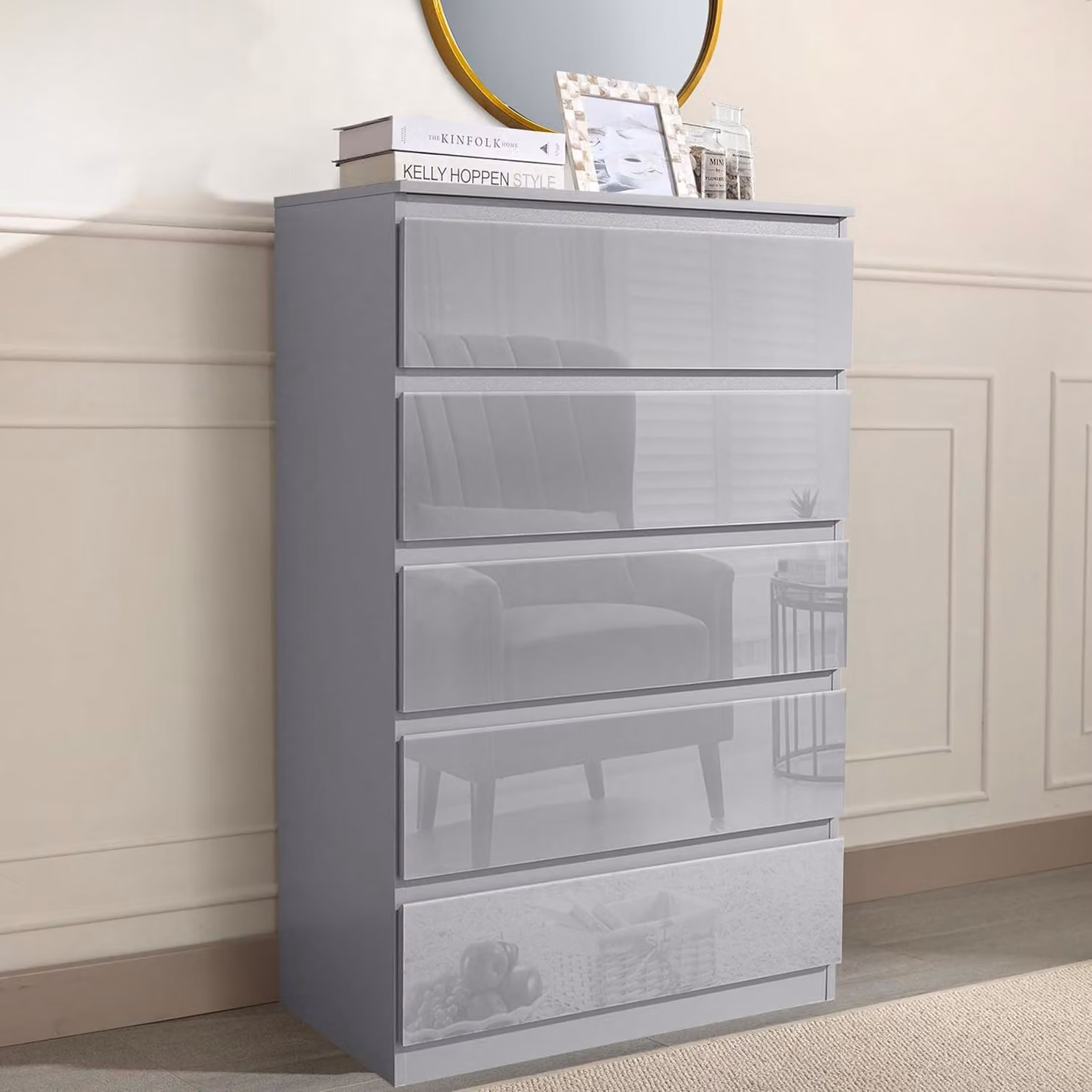 Credenza Kenji 5 cassetti grigio lucido