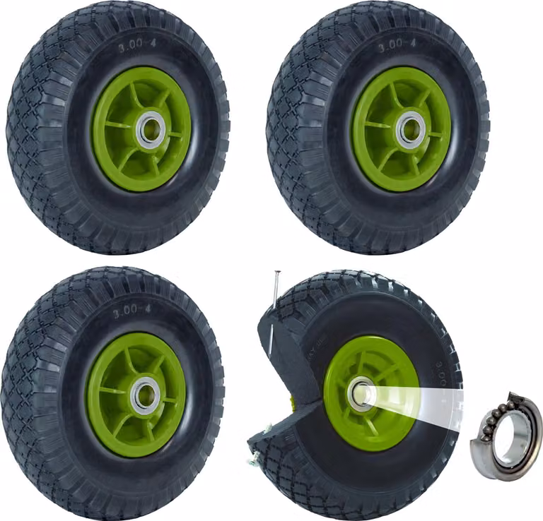 4 ruote per carrello a mano Ruota inPoliuretano260x85 mm 3.00-4 Mozzo sfalsato 60 mm Ø 20 mm Verde Gomma piena Carrello a mano
