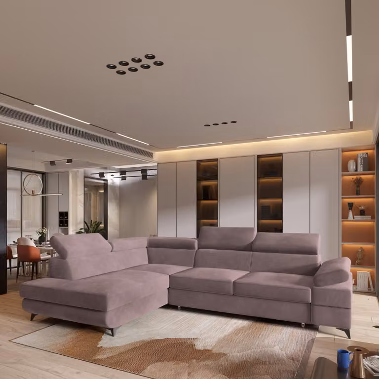 Divano angolare FAVIEN L-S di Masseno con funzione letto a L, divano con box letto, divano da soggiorno, divano, divano letto, set di divani - viola, MONOLITH 62