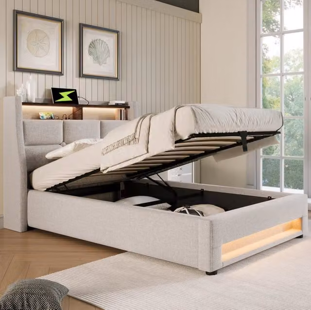 Letto matrimoniale imbottito 90x200 cm con USB e LED; effetto lino beige chiaro