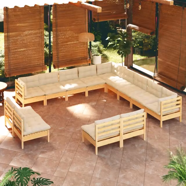 Set di Divani da Giardino a Forma di U vidaXL in Legno di Pino Massello con Cuscini Beige 13 Pezzi – 1