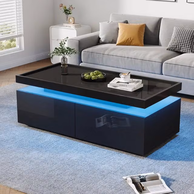 Tavolino da Salotto 95x45x35 cm con LED, 2 Cassetti, Design Geometrico Minimalista, Finitura Lucida, Nero