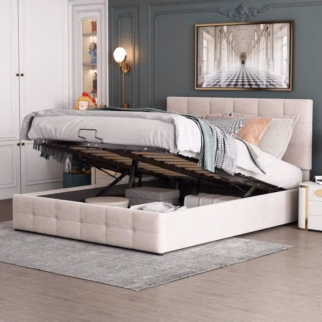 Letto contenitore matrimoniale 140 × 200 cm, sollevamento idraulico e testiera regolabile, senza materasso, crema
