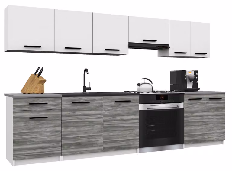 Belini - Angolo cottura moderno ITALIA 2 - Mobili da cucina 240 cm bianco-grigio Glamour opaco - Cucina componibile con pensili, mobili base e piani di lavoro