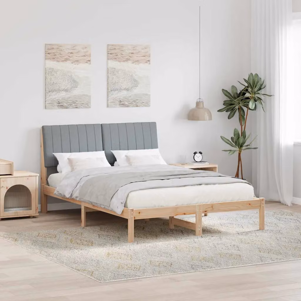Struttura letto moderna vidaXL in pino massello non trattato, colore marrone e grigio, L: 140,5 cm x P: 200,0 cm x H: 207,0 cm