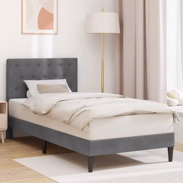 Struttura letto moderna in velluto grigio con giroletto L/P/H: 200 x 90 x 94 cm