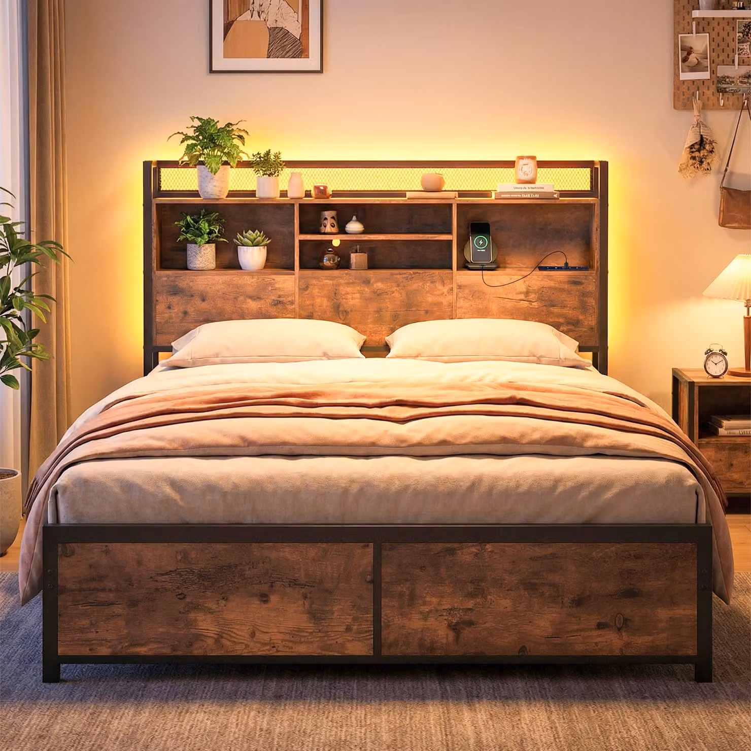 Costway Letto matrimoniale piattaforma in metallo con luci LED e porta USB, testiera contenitore stile industriale marrone, L/P/H: 220 x 143 x 113 cm
