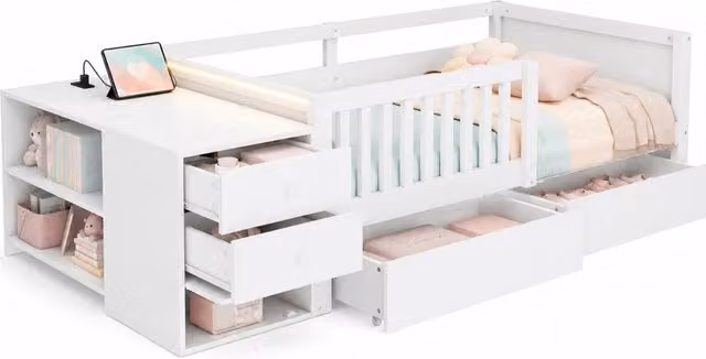 Letto per bambini 90x200 cm con contenitore separato; LED e presa; legno bianco