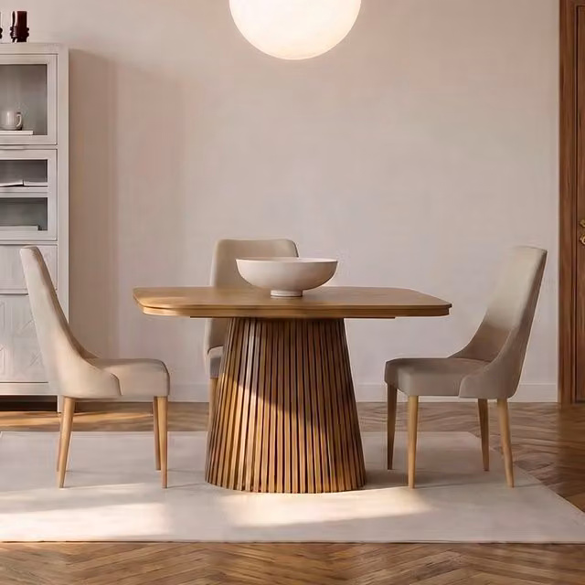 Tavolo da pranzo quadrato estensibile Banak in legno di quercia marrone con colonna centrale per soggiorno e sala da pranzo