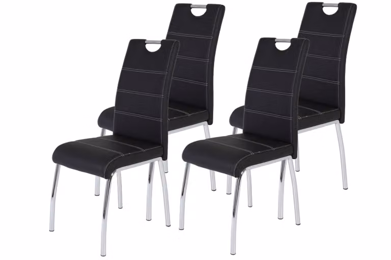 Tavoli Hela, set di 4 sedie da sala da pranzo, sedia a quattro gambe Susi - Pelle finta nera - Struttura in metallo cromato - Maniglia a staffa - Cuciture trapuntate - Portata massima 120 kg