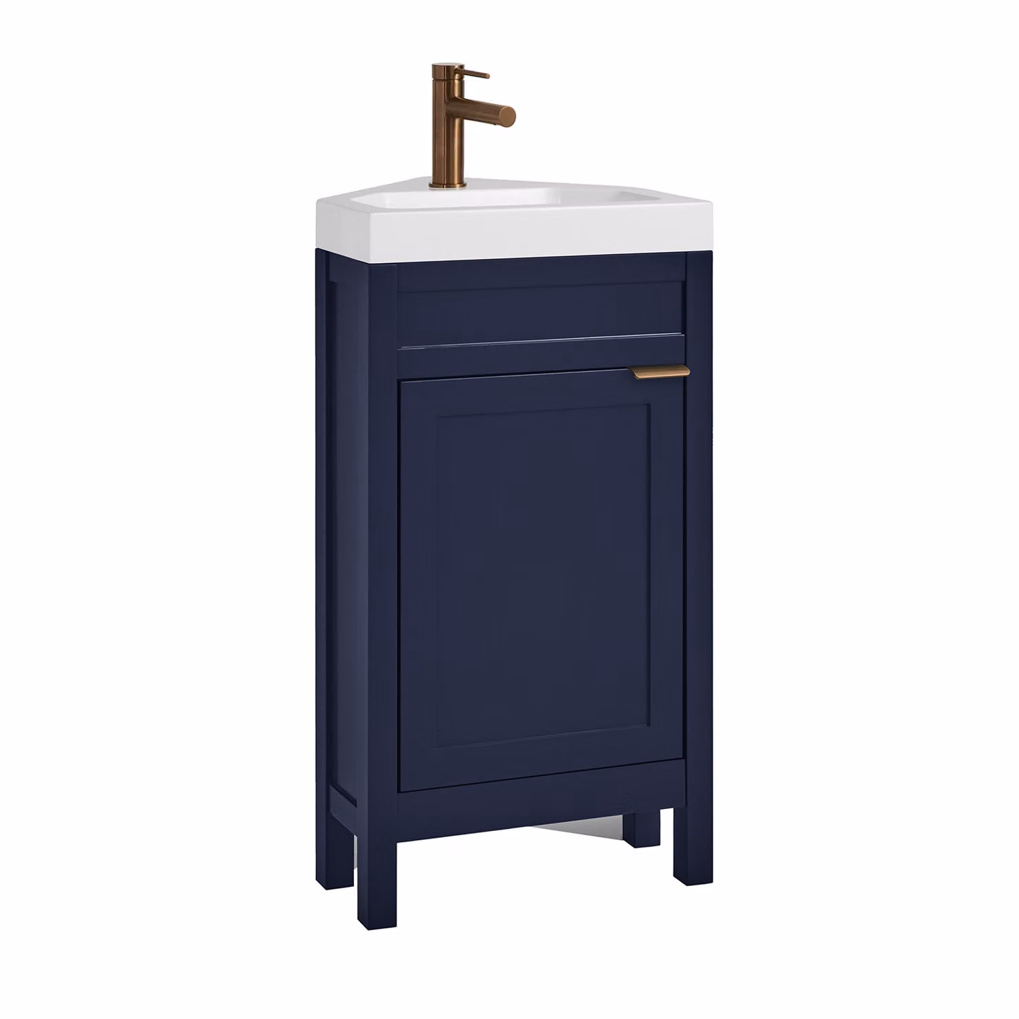 Mobile Bagno Angolare Blu Marino da 450mm con Lavabo e Maniglia Moderna con Impugnatura a Dito in Rame Satinato - Warwick