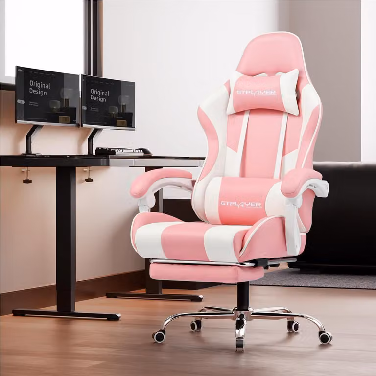 Sedia da gaming ergonomica con funzione massaggio, poggiapiedi e rivestimento in pelle rosa