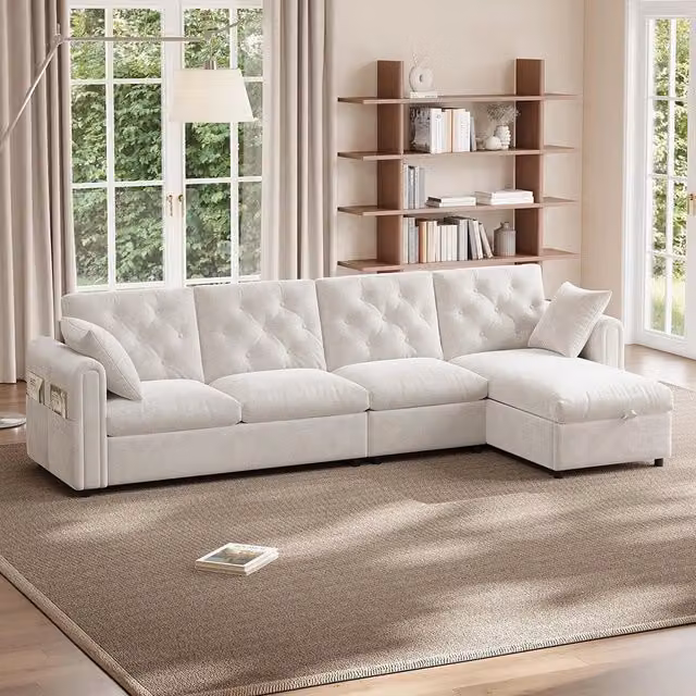 Divano moderno in velluto - Xylo - Angolare con ripostiglio, beige (281cm)