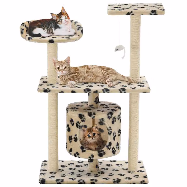 Albero per gatti vidaXL con cave e giocattoli integrati, design animal print, beige, Altezza: 95 cm