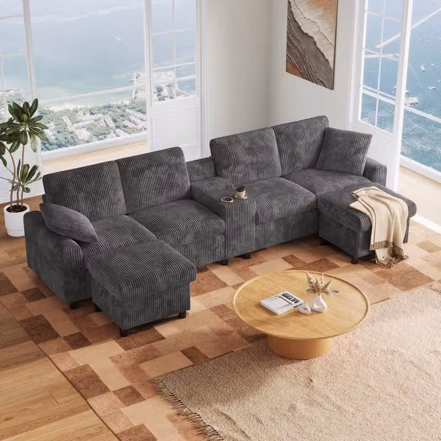 Divano a U con porta USB, prese Type-C e prese di corrente, 2 pouf contenitore e tavolino in velluto grigio